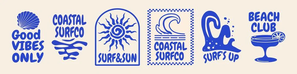 Tropical surf vector set with beach-themed phrases like Coastal Surfco, Sur.. Stock Illustration