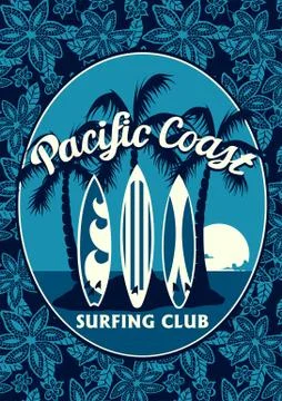 Tropical surfing club poster with palm trees and surfboards Stock Illustration
