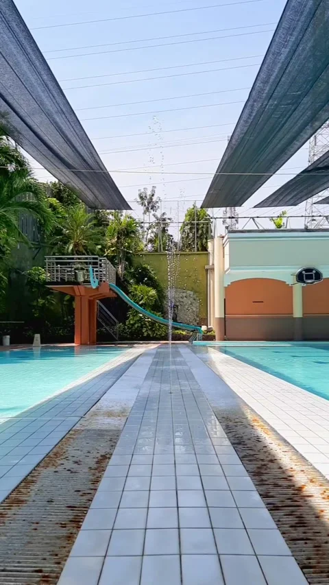 Tropical Swimming Pool Turquoise Water Palm Tree Slide Fountain Resort Leisure Stock Footage 316528053