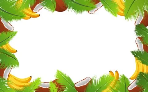 Tropical template of a frame for a banner with palm leaves and coconuts and b Stock Illustration