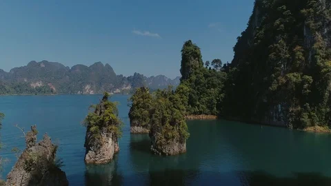 Tropical Thai jungle lake Cheo lan drone flight, wild mountains nature national Stock Footage
