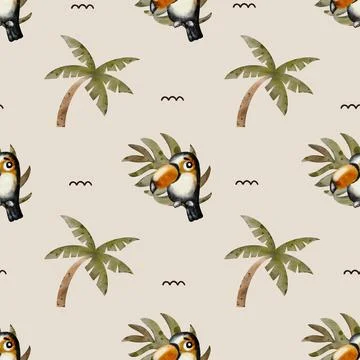 Tropical toucan pattern featuring palm trees and a seamless design for fabr.. Stock Illustration