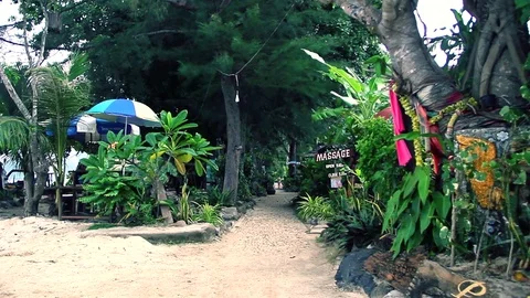 Tropical Town Pedestrian Path, Lateral Dolly Camera Stock Footage 79970050