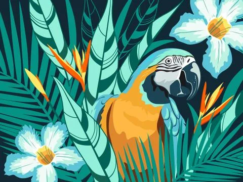 Tropical tree leaf and flower with parrot Stock Illustration