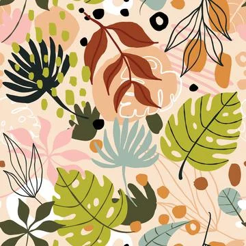 Tropical trendy abstract seamless pattern with monstera leaves and exotics イラスト素材