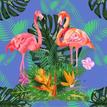 Tropical trendy seamless pattern with pink flamingos and mint green palm leav Stock Illustration
