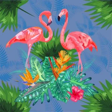 Tropical trendy seamless pattern with pink flamingos and mint green palm leav Stock Illustration