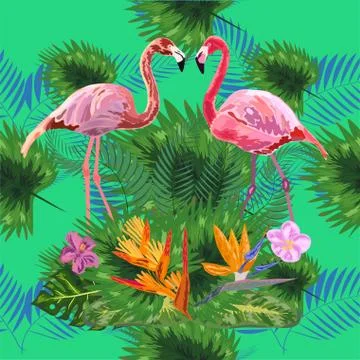 Tropical trendy seamless pattern with pink flamingos and mint green palm leav Stock Illustration