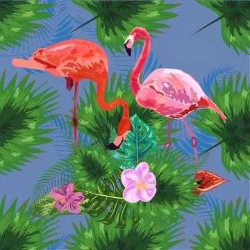 Tropical trendy seamless pattern with pink flamingos and mint green palm leav Stock Illustration