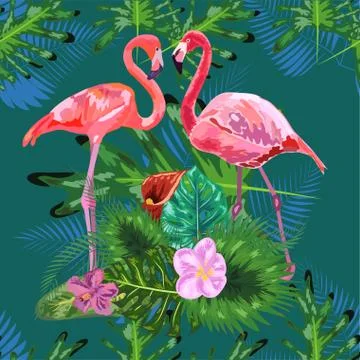 Tropical trendy seamless pattern with pink flamingos and mint green palm leav Stock Illustration