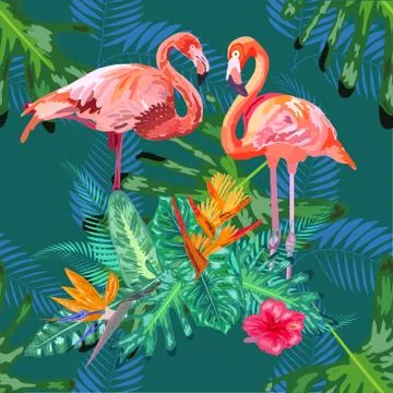 Tropical trendy seamless pattern with pink flamingos and mint green palm leav Stock Illustration