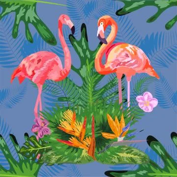Tropical trendy seamless pattern with pink flamingos and mint green palm leav Stock Illustration