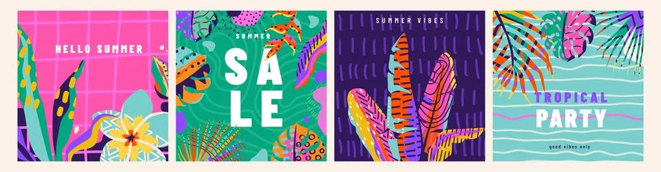 Tropical vector background set. Summer pattern with textured palm leaves Stock Illustration