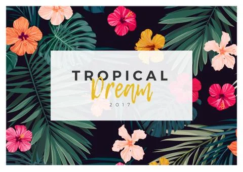 Tropical vector design with bright hibiscus flowers and exotic palm leaves on Stock Illustration