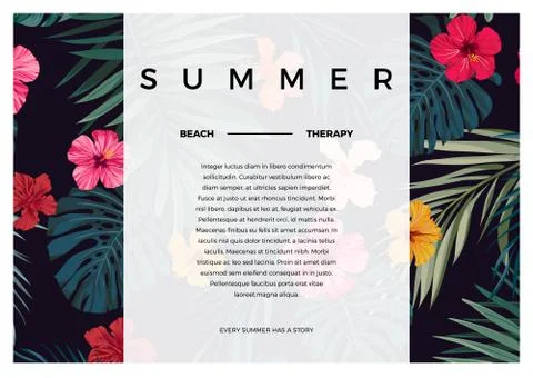 Tropical vector design with bright hibiscus flowers and exotic palm leaves on Stock Illustration
