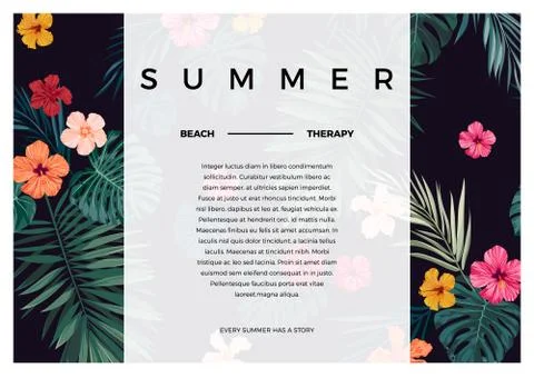 Tropical vector design with bright hibiscus flowers and exotic palm leaves on Stock Illustration