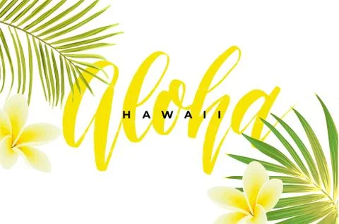 Tropical vector design with green palm leaves, plumeria flowers, pineapples and Stock Illustration