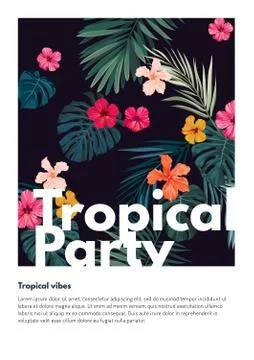 Tropical vector party flyer design with bright hibiscus flowers and exotic palm Stock Illustration