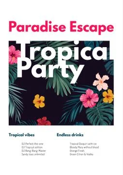 Tropical vector party flyer design with bright hibiscus flowers and exotic palm 库存插图