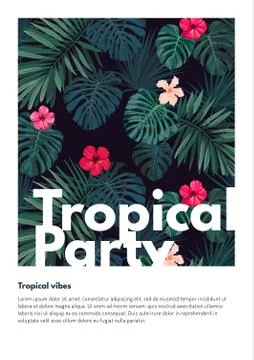 Tropical vector party flyer design with bright hibiscus flowers and exotic palm Illustrazione stock