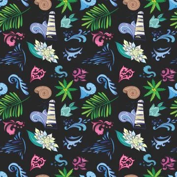 Tropical Vector Pattern on Black Stock Illustration