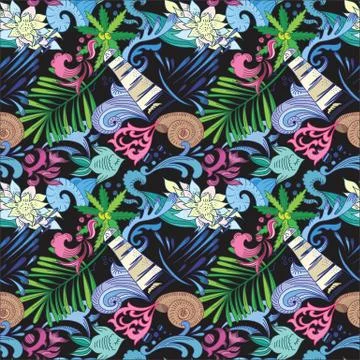 Tropical Vector Pattern on Black Stock Illustration