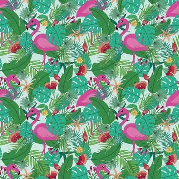 Tropical vector pattern with palm leaves, monstera, flowers and flamingos. br 스톡 일러스트