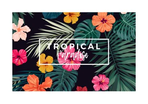 Tropical vector postcard design with bright hibiscus flowers and exotic palm Stock Illustration
