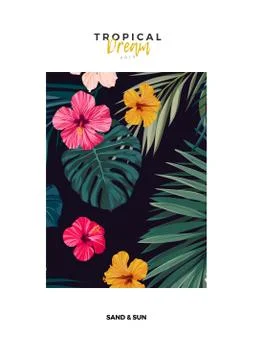 Tropical vector postcard design with bright hibiscus flowers and exotic palm Stock Illustration