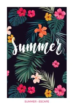 Tropical vector postcard design with bright hibiscus flowers, exotic palm leaves Illustrazione stock