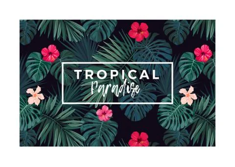 Tropical vector postcard design with bright hibiscus flowers and exotic palm Illustrazione stock
