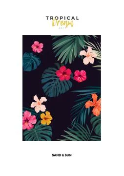 Tropical vector postcard design with bright hibiscus flowers and exotic palm Stock Illustration