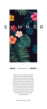 Tropical vector postcard design with bright hibiscus flowers and exotic palm Illustrazione stock