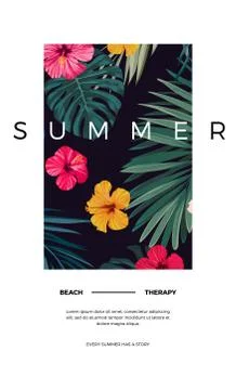 Tropical vector postcard design with bright hibiscus flowers and exotic palm Illustrazione stock