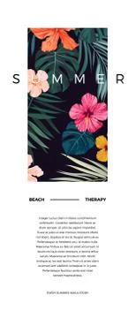 Tropical vector postcard design with bright hibiscus flowers and exotic palm Stock Illustration