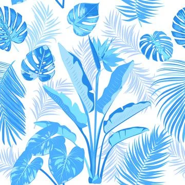Tropical vector seamless pattern with blue leaves of palm tree and flowers イラスト素材