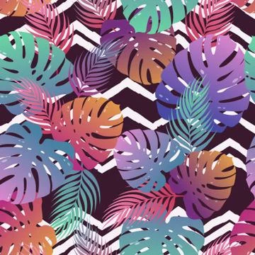 Tropical vector seamless pattern with colorful exotic monstera and palm leave Stock Illustration