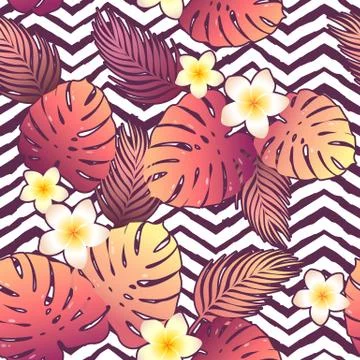 Tropical vector seamless pattern with colorful leaves and exotic flowers on g Stock Illustration