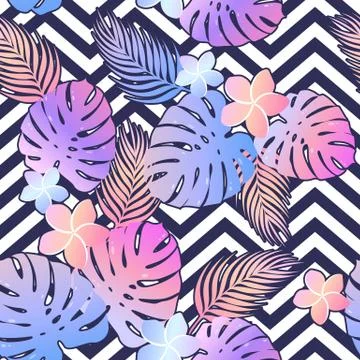 Tropical vector seamless pattern with colorful leaves and exotic flowers on g Stock Illustration