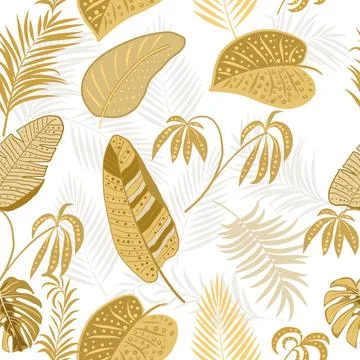 Tropical vector seamless pattern with  gold leaves of palm tree and flowers 스톡 일러스트