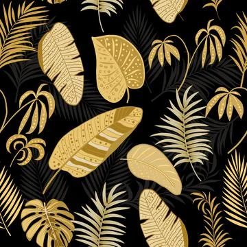 Tropical vector seamless pattern with  gold leaves of palm tree and flowers Illustrazione stock