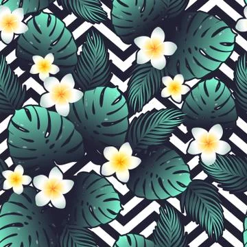 Tropical vector seamless pattern with green leaves and exotic flowers on geom Stock Illustration