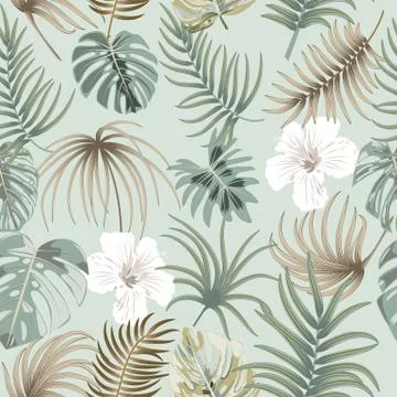 Tropical vector seamless pattern with  leaves of palm tree and flowers イラスト素材