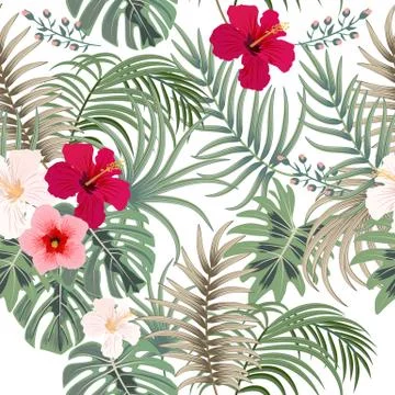 Tropical vector seamless pattern with  leaves of palm tree and flowers イラスト素材