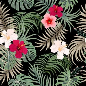 Tropical vector seamless pattern with  leaves of palm tree and flowers イラスト素材