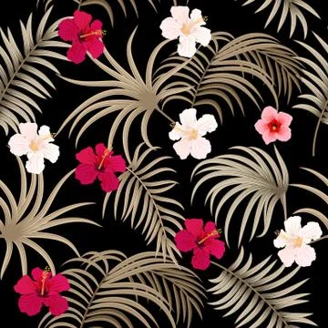 Tropical vector seamless pattern with  leaves of palm tree and flowers Illustrazione stock