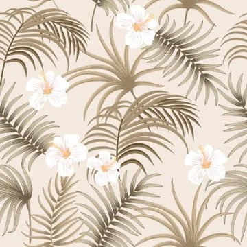 Tropical vector seamless pattern with  leaves of palm tree and flowers 스톡 일러스트