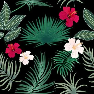 Tropical vector seamless pattern with  leaves of palm tree and flowers イラスト素材