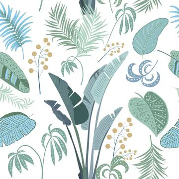 Tropical vector seamless pattern with  leaves of palm tree and flowers Illustrazione stock