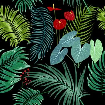Tropical vector seamless pattern with  leaves of palm tree and flowers イラスト素材
